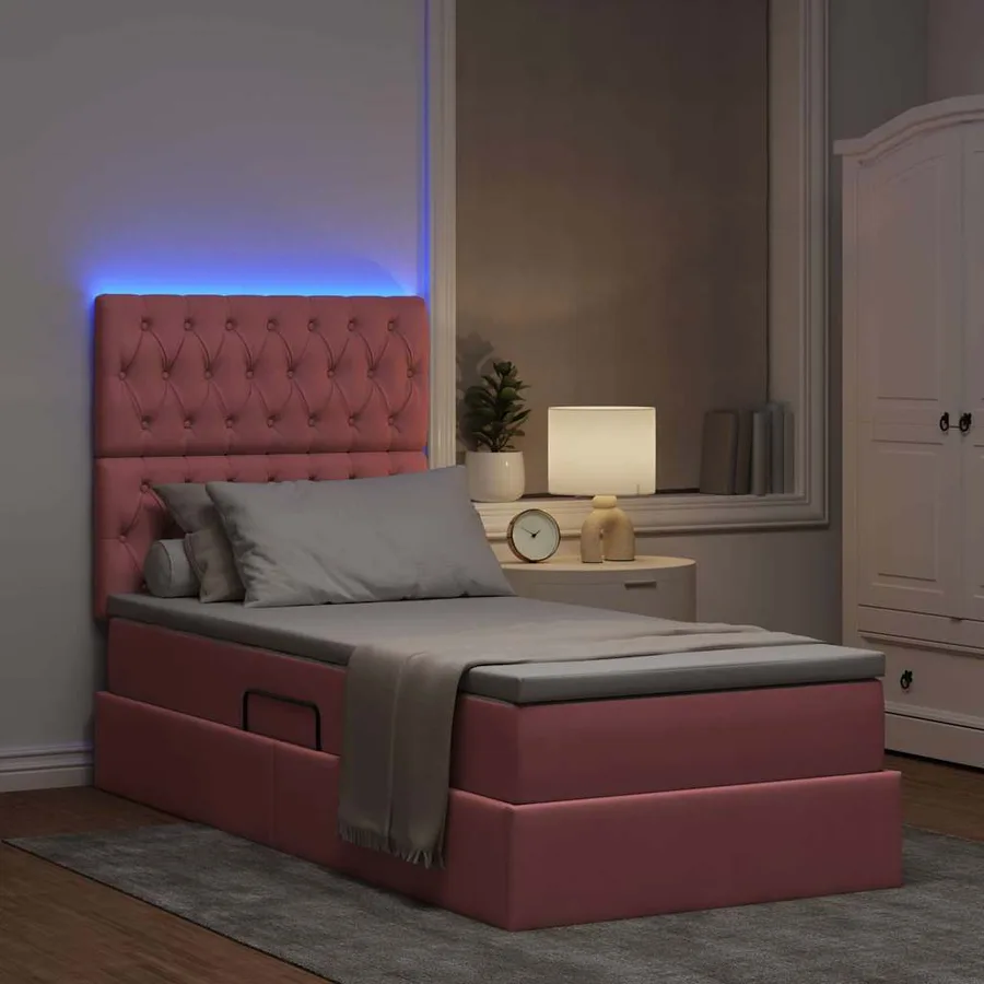 Lit de rangement LED avec matelas Rose 90 x 190 cm Velours - 5