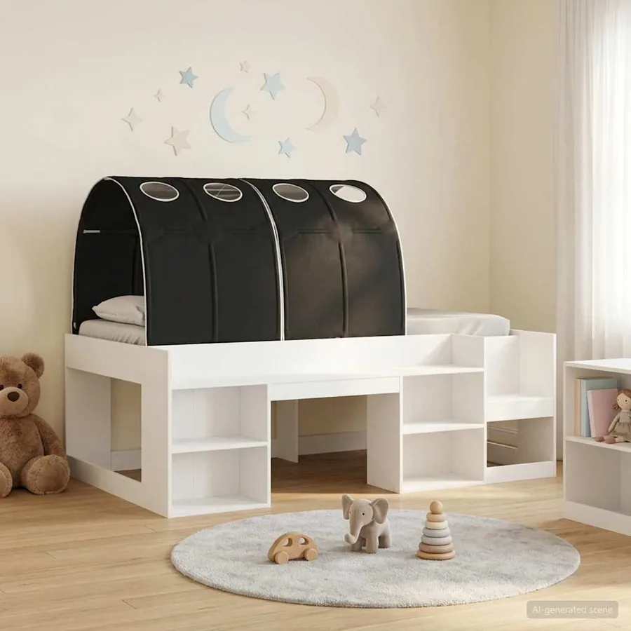 Cadre de lit avec tunnel 3 pc Blanc et noir Bois d'ingénierie