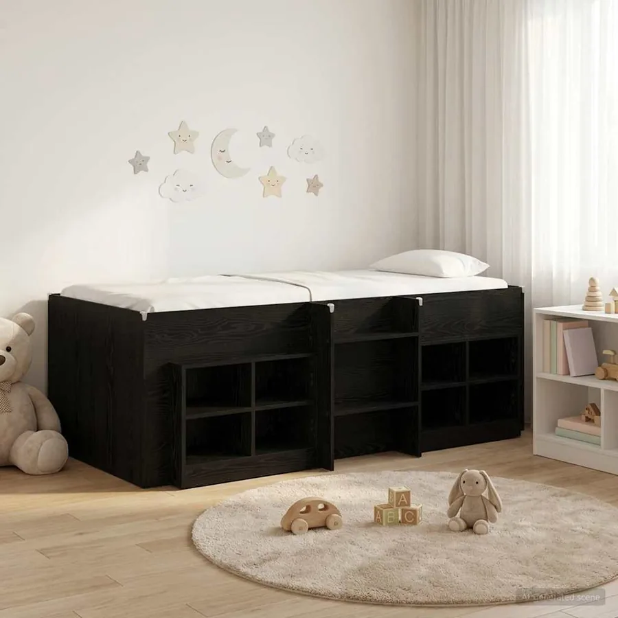 Cadre de lit en loft avec armoire 3 pc Noir Bois d'ingénierie