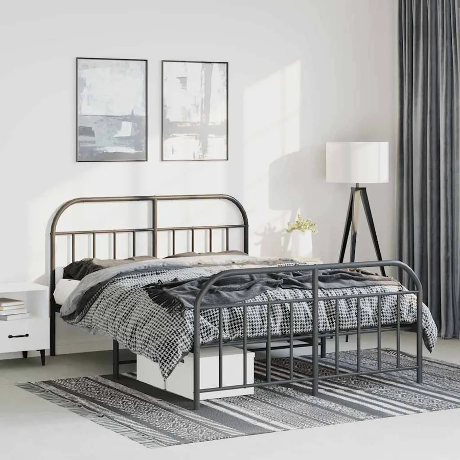 Cadre de lit métal sans matelas avec pied de lit noir 135x190cm