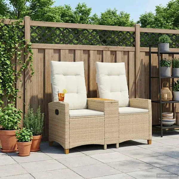 Banc inclinable avec table Beige et blanc crème polyrotin