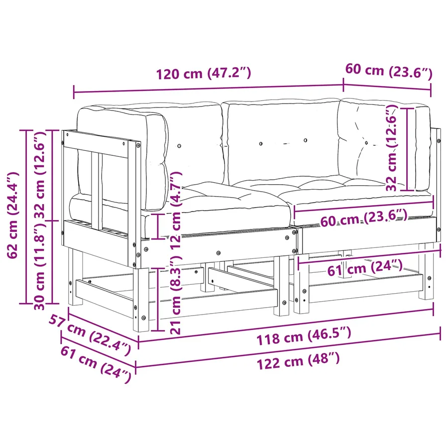 2 pcs Canapé d'angle de jardin Pin massif Brun Ciré - 8