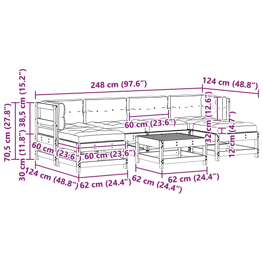 Ensemble de salon de jardin 7 pcs Brun cire Bois de pin massif - 9
