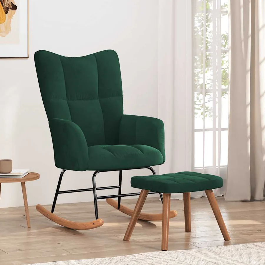 Chaise à bascule avec repose-pied Vert foncé Velours