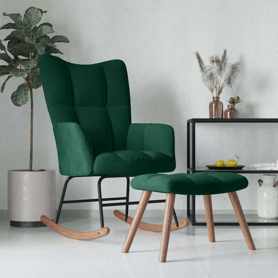 Chaise à bascule avec repose-pied Vert foncé Velours - 3
