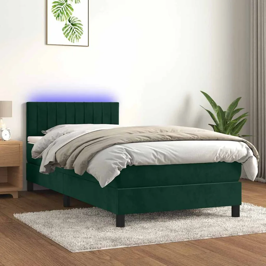 Sommier à lattes de lit et matelas et LED Vert foncé 90x190cm