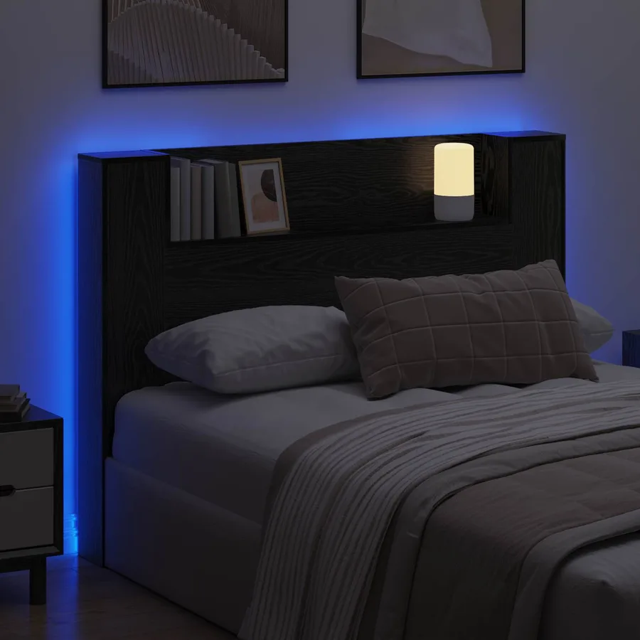 Cabinet de Tête de Lit avec LED Chêne Noir Bois d'ingénierie - 4
