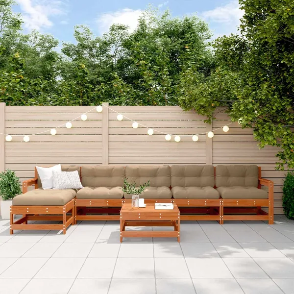 Ensemble de salon de jardin 7 pcs Brun cire Bois de pin massif