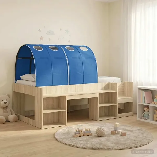 Lit haut pour enfants avec rangement Chêne Sonoma et bleu