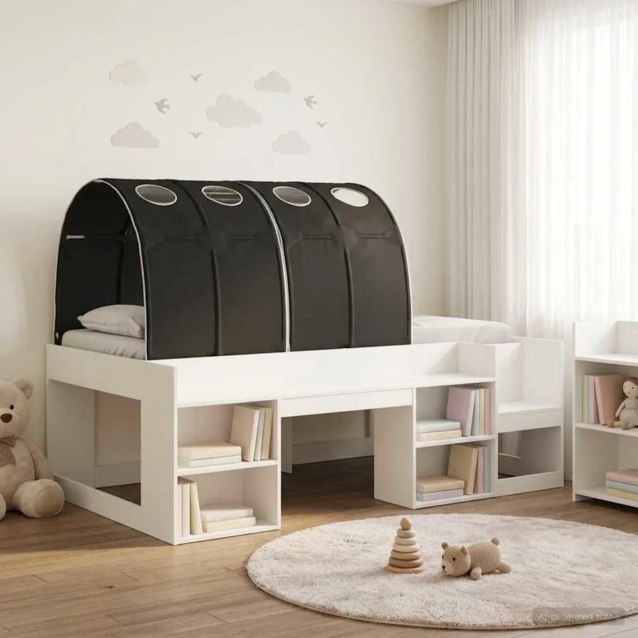 Cadre de lit avec tunnel 3 pc Blanc et noir Bois d'ingénierie