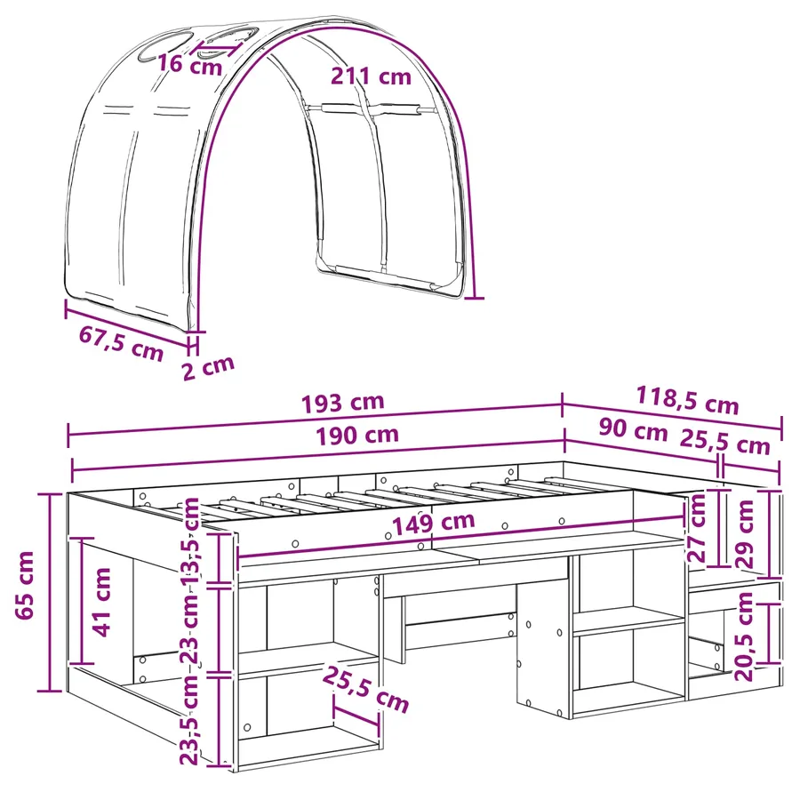 Cadre de lit avec tunnel 3 pc Chêne Sonoma et blanc - 11