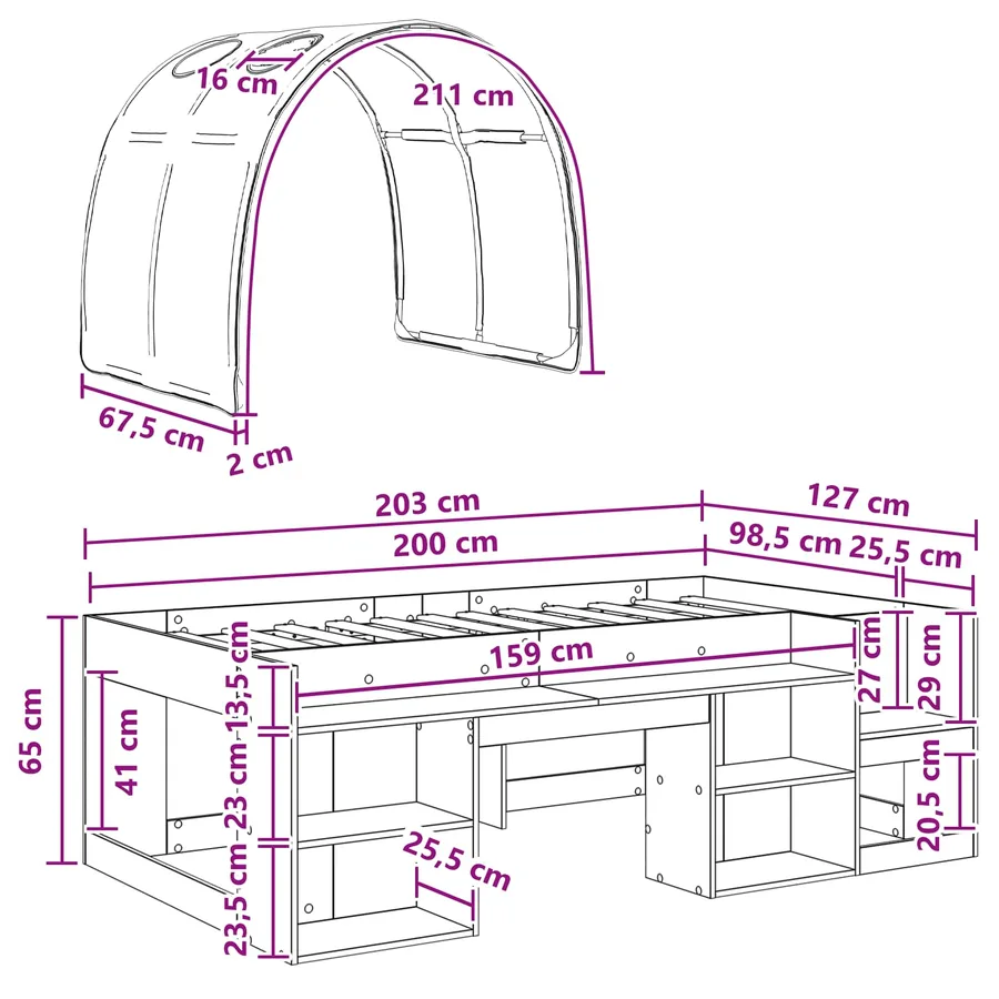 Cadre de lit avec tunnel 3 pc Chêne Sonoma et blanc - 11