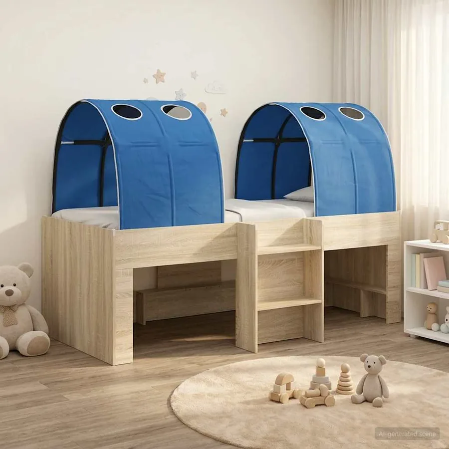Lit avec Tunnel 3 pc Chêne Sonoma et bleu Bois d'ingénierie