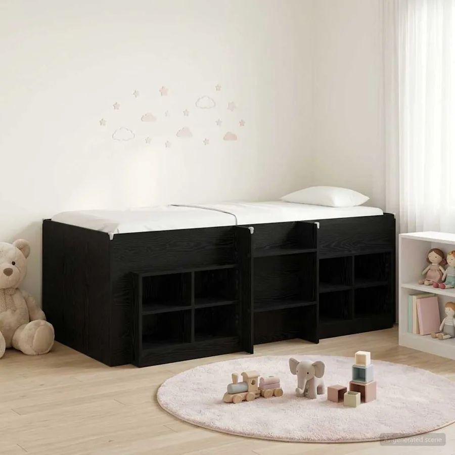 Cadre de lit en loft avec armoire 3 pc Noir Bois d'ingénierie