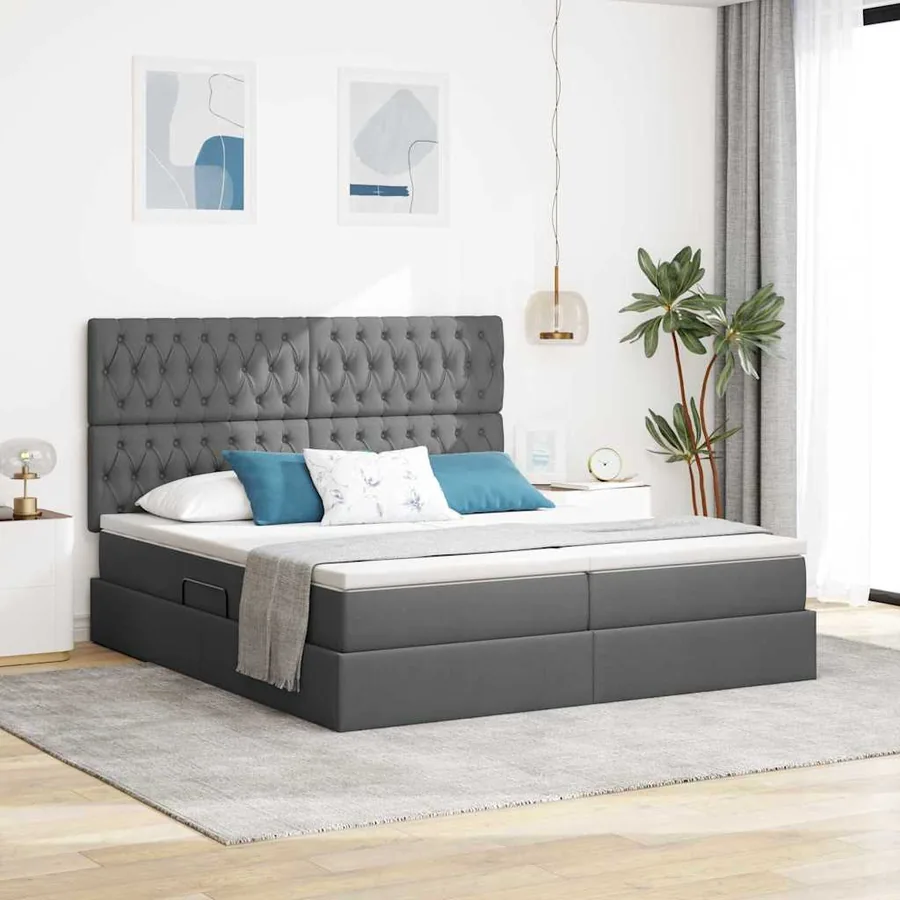 Lit de rangement LED avec matelas Gris foncé 200 x 200 cm Tissu
