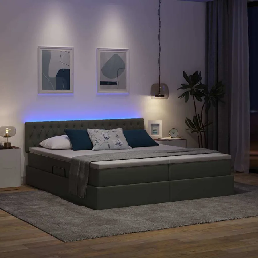 Lit de rangement LED avec matelas Gris foncé 200 x 200 cm Tissu - 5