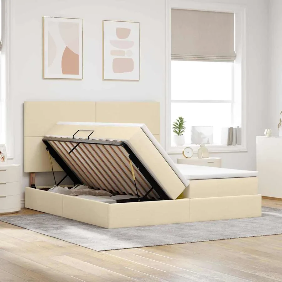Lit de rangement LED avec matelas Crème 200 x 200 cm Tissu - 4