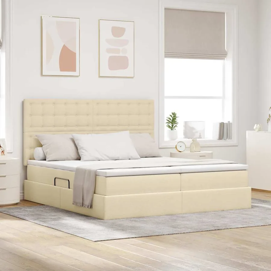 Lit de rangement LED avec matelas Crème 200 x 200 cm Tissu