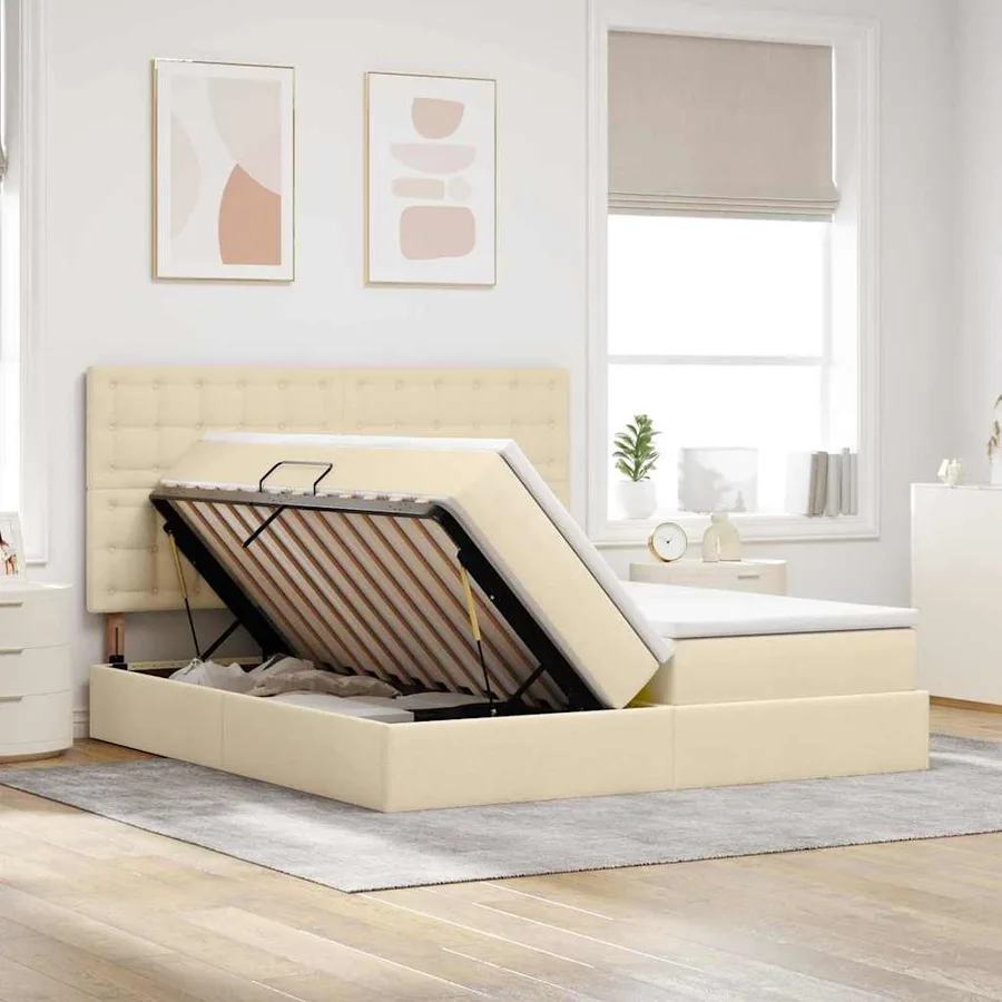 Lit de rangement LED avec matelas Crème 200 x 200 cm Tissu - 4
