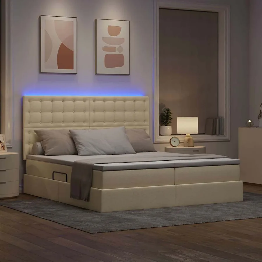 Lit de rangement LED avec matelas Crème 200 x 200 cm Tissu - 5