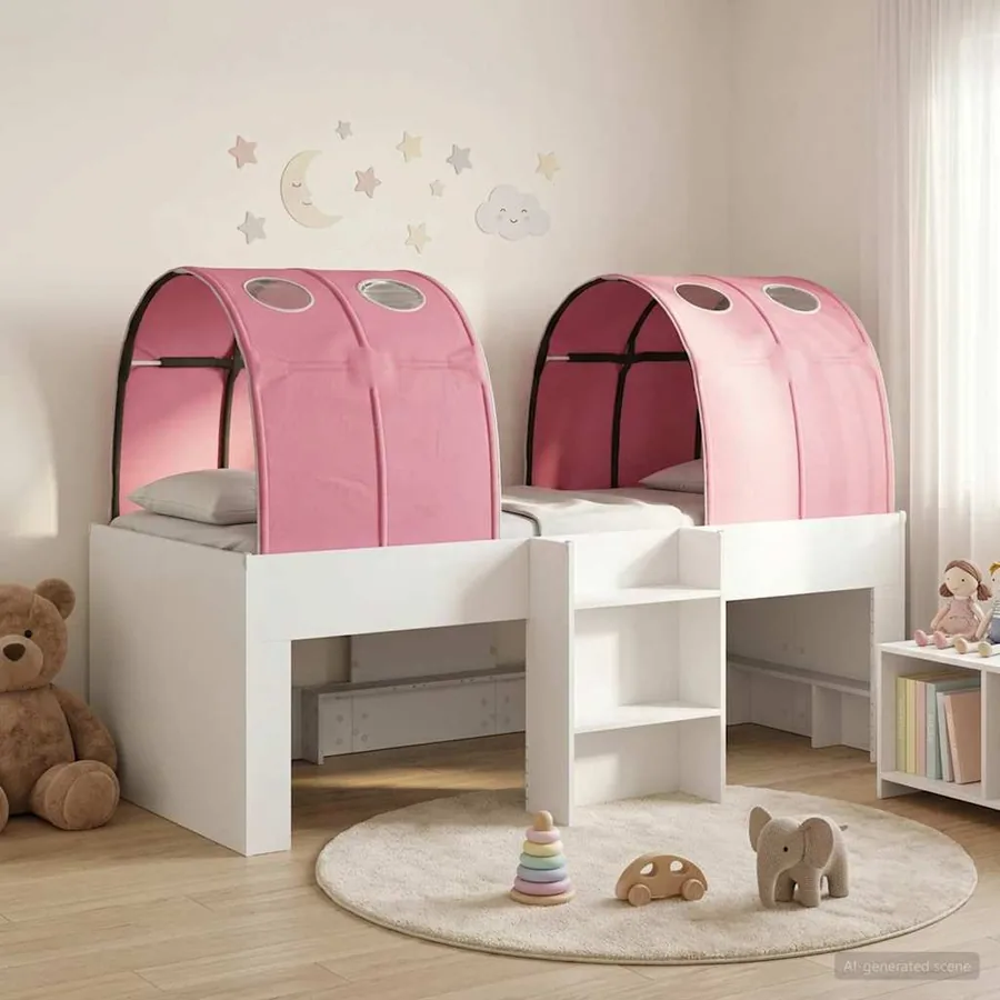 Lit avec Tunnel 3 pc Blanc et rose Bois d'ingénierie