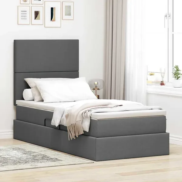 Lit avec rangement et matelas Gris foncé 90 x 200 cm tissu