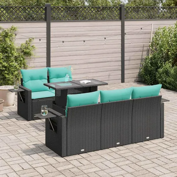 Salon de jardin avec coussins 6pcs noir résine tressée acacia