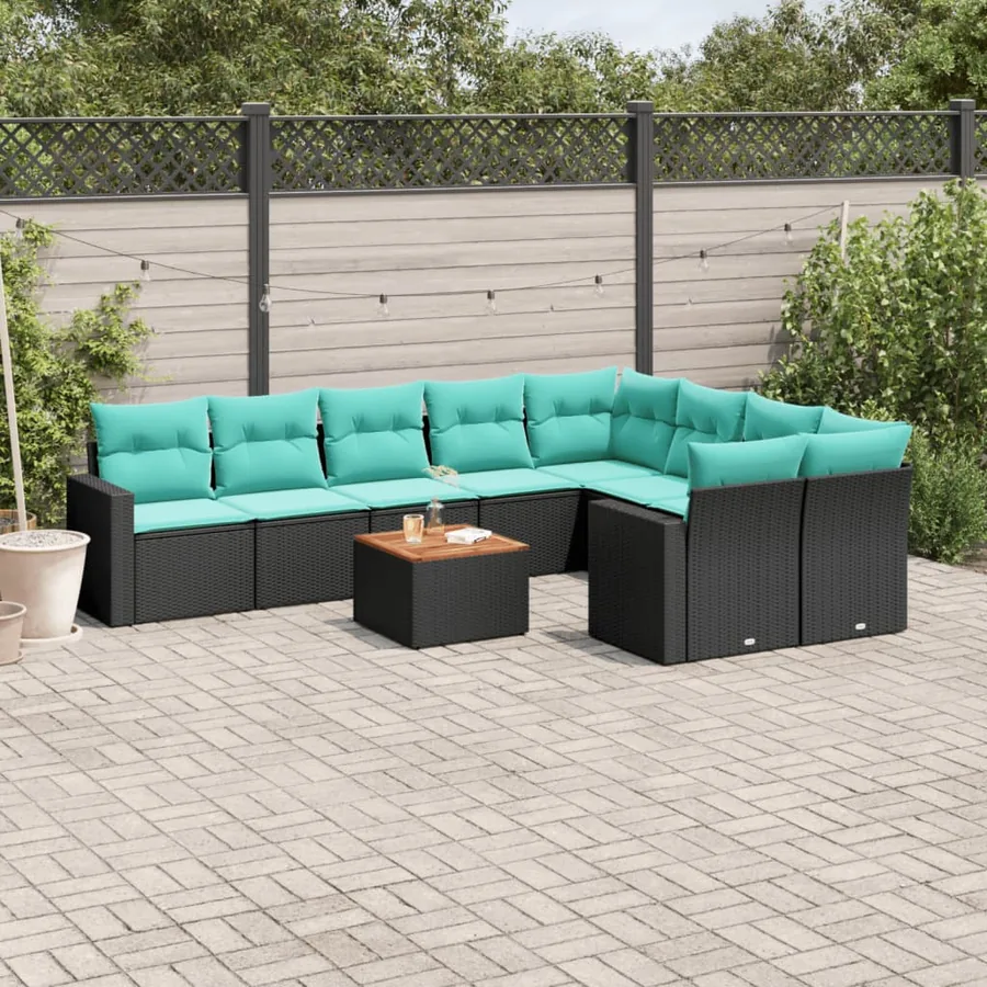 Salon de jardin 10 pcs avec coussins noir résine tressée