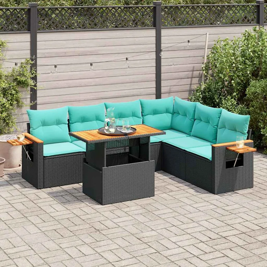 Salon de jardin avec coussins 7 pcs noir résine tressée acacia