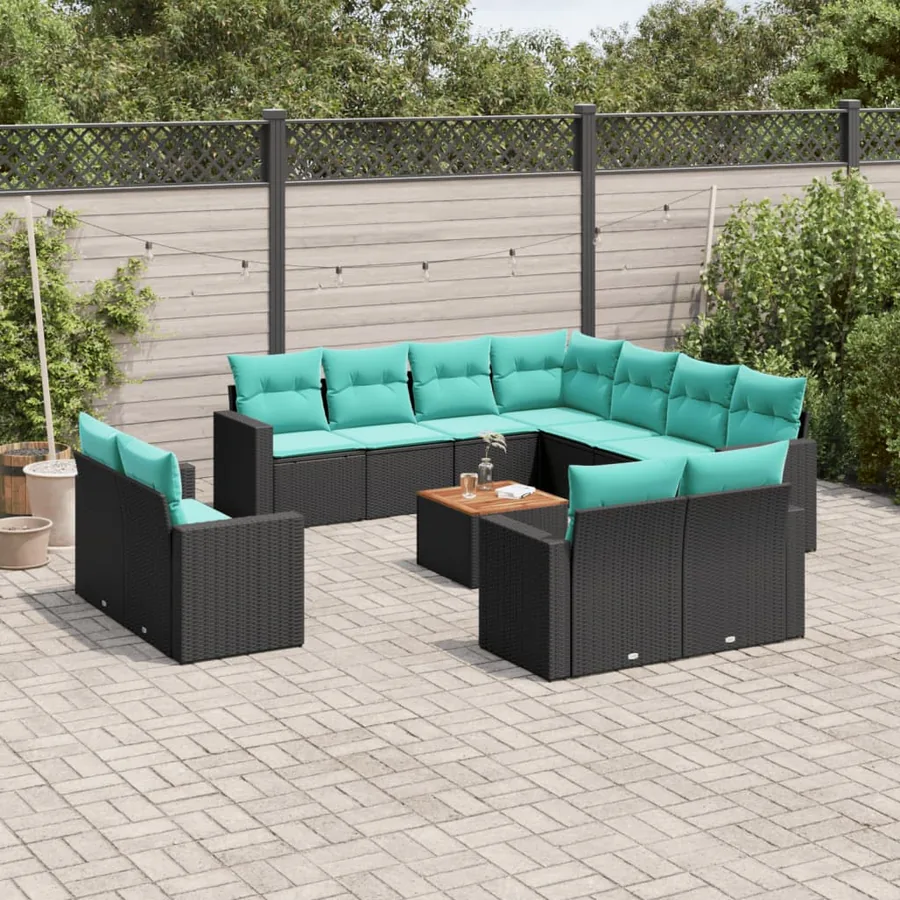 Salon de jardin avec coussins 12 pcs noir résine tressée