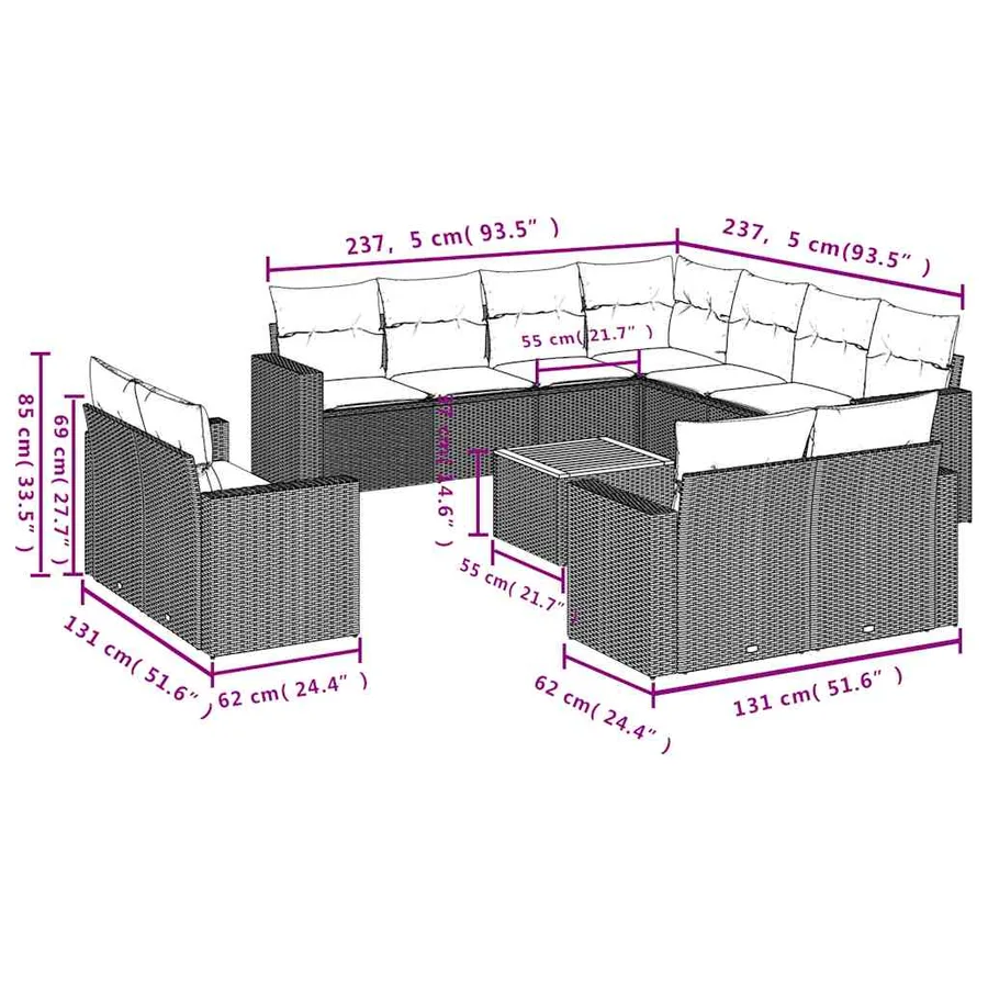 Salon de jardin avec coussins 12 pcs noir résine tressée - 12