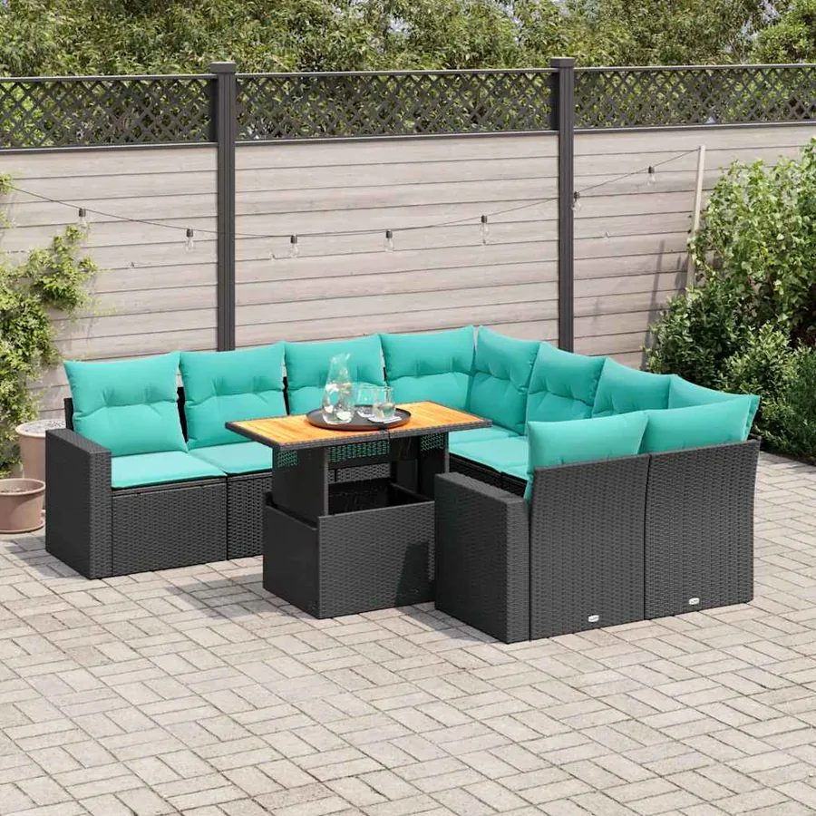 Salon de jardin 9 pcs avec coussins noir résine tressée