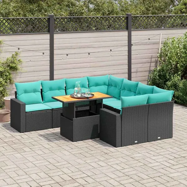 Salon de jardin 9 pcs avec coussins noir résine tressée