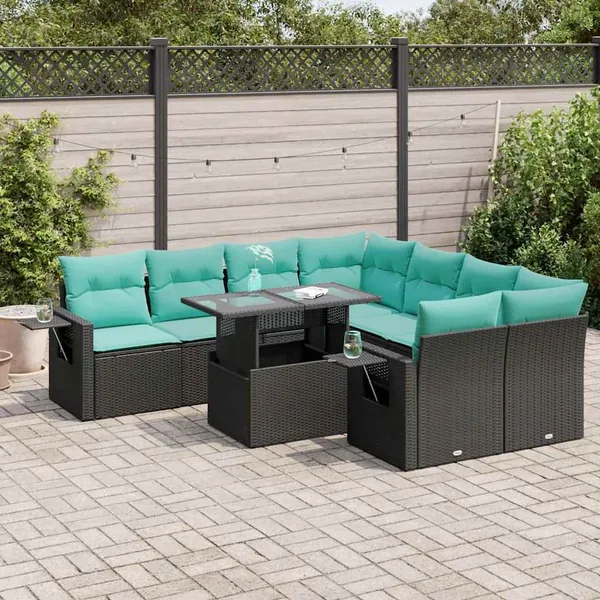 Salon de jardin avec coussins 9pcs noir résine tressée acacia