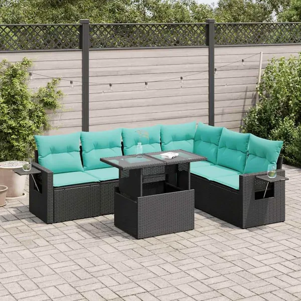 Salon de jardin avec coussins 7pcs noir résine tressée acacia