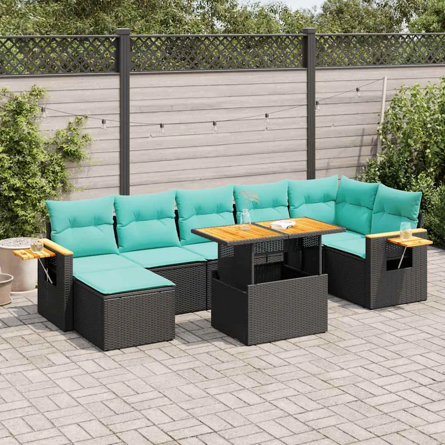 Salon de jardin avec coussins 8 pcs gris résine tressée acacia