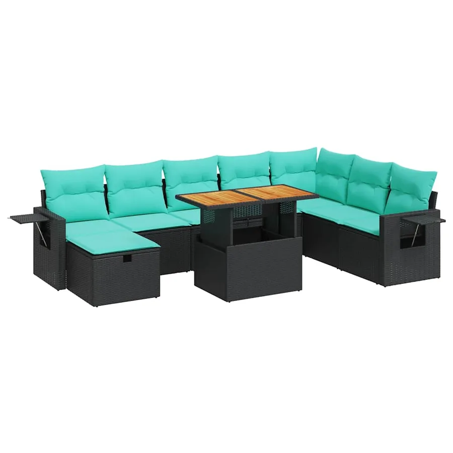 Salon de jardin avec coussins 9 pcs noir résine tressée acacia - 2