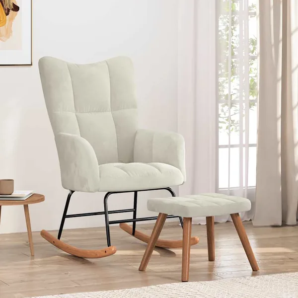 Chaise à bascule avec repose-pied Blanc crème Velours