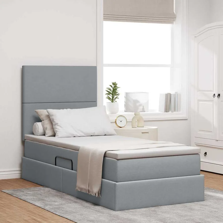 Lit de rangement LED avec matelas Gris clair 90 x 190 cm Tissu