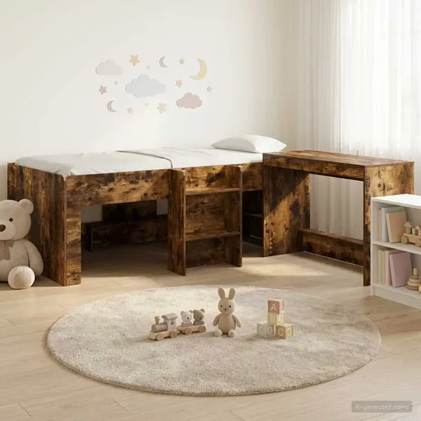 Lit haut pour enfants avec bureau 2 pc Chêne fumé