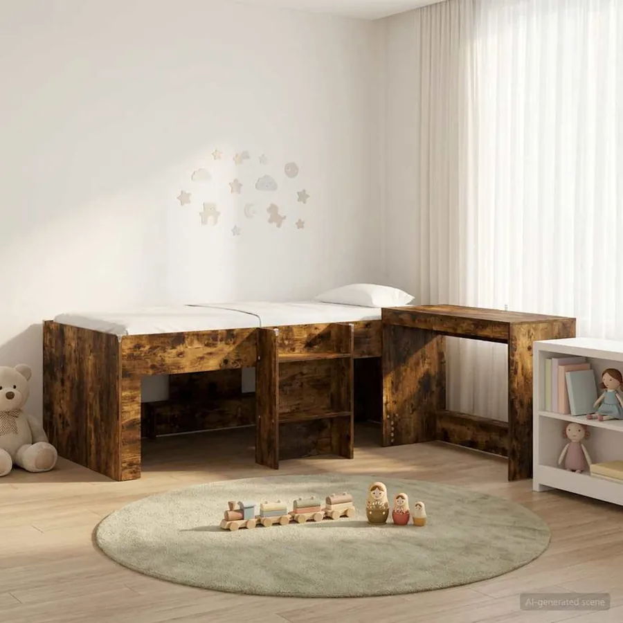 Lit haut pour enfants avec bureau 2 pc Chêne fumé