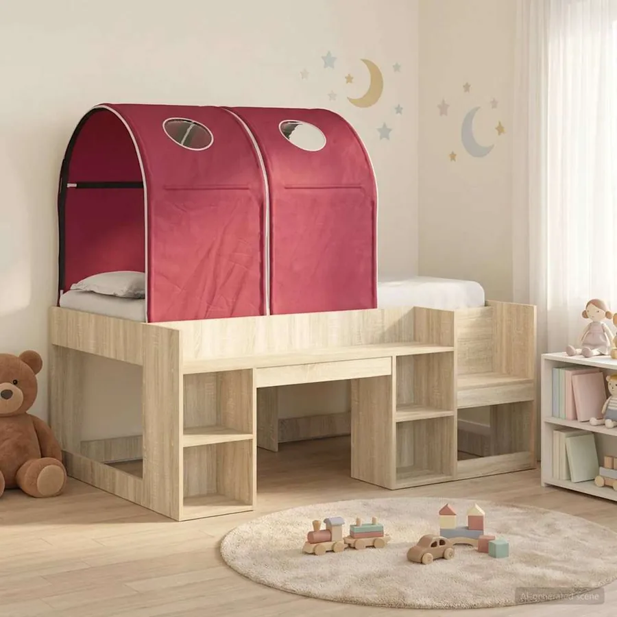 Lit avec Tunnel 3 pc Chêne Sonoma et rouge Bois d'ingénierie