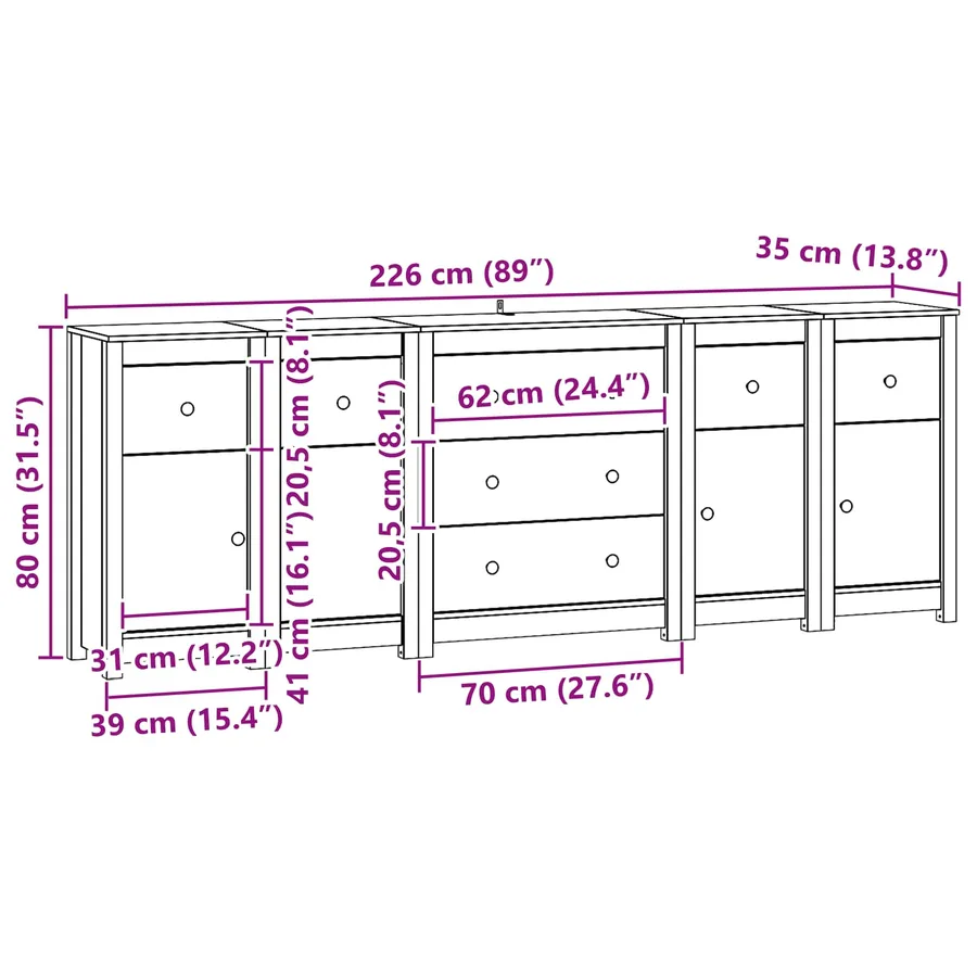 Buffet avec tiroir 5 pcs Brun Ciré Pin massif - 6
