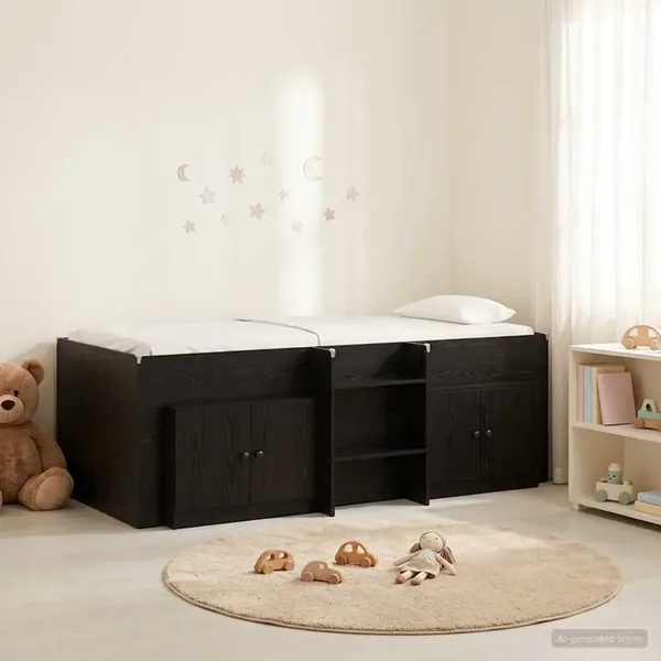 Cadre de lit en loft avec armoire 3 pc Noir Bois d'ingénierie