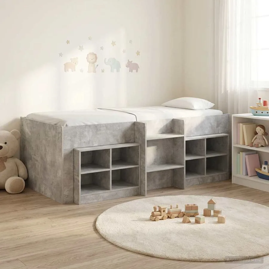 Cadre de lit en loft avec armoire avec étagère 3 pc Gris béton