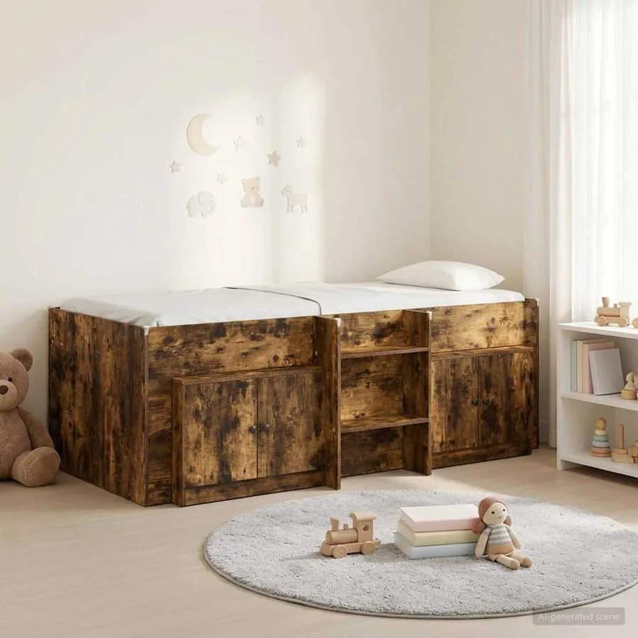 Cadre de lit en loft avec armoire avec porte 3 pcs Chêne fumé