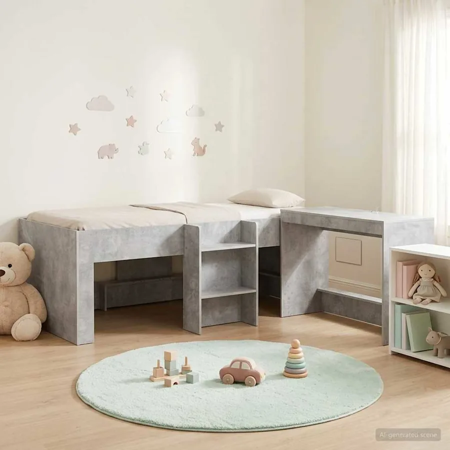 Cadre de Lit avec Bureau 2 pc Gris béton Bois d'ingénierie