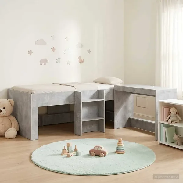 Cadre de Lit avec Bureau 2 pc Gris béton Bois d'ingénierie