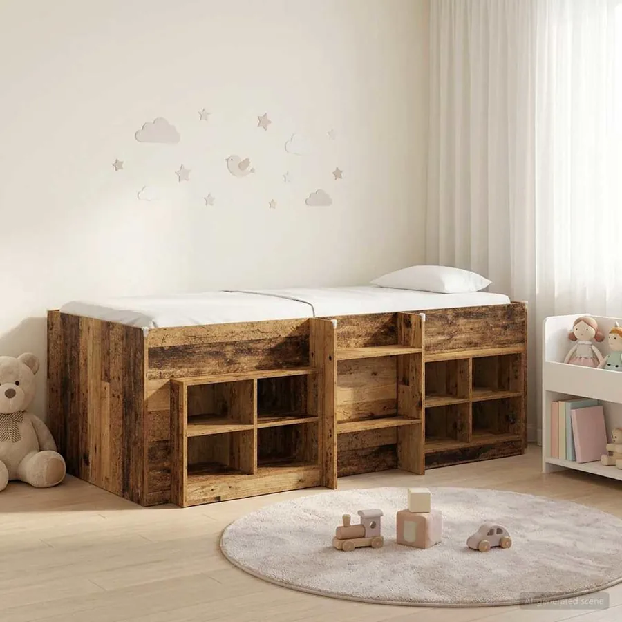 Cadre de lit en loft avec armoire avec étagère 3 pc Bois ancien