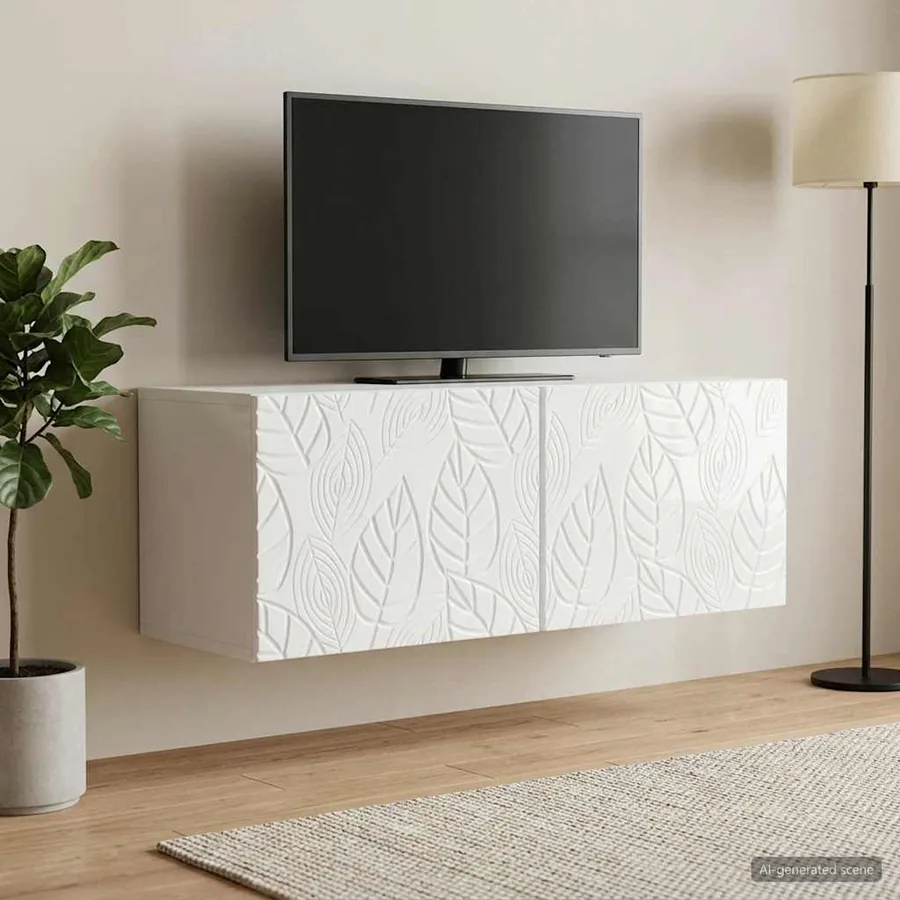 Meuble TV mural 98 x 31 cm Blanc brillant Bois d'ingénierie